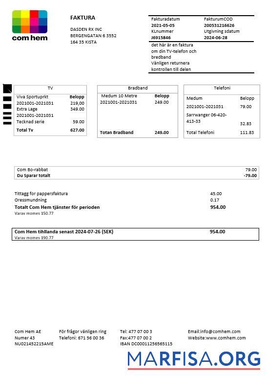 Printable Sweden Com Hem business utility bill template in Word and PDF formats